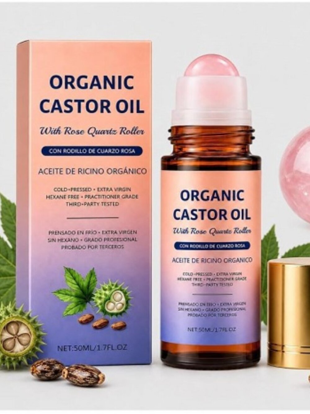NEW Organic Castor Oil Rose Quartz Roller Ball Cold Pressed Oil 1.7 Fl /50 ML